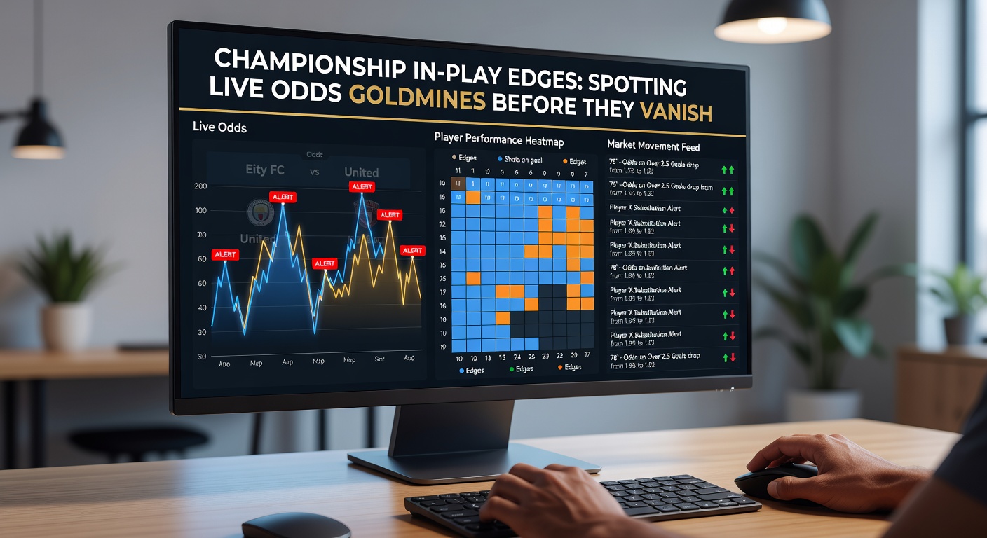 Close-up of a football pitch during a Championship match with overlaid live betting odds shifting in real-time, highlighting a momentum swing