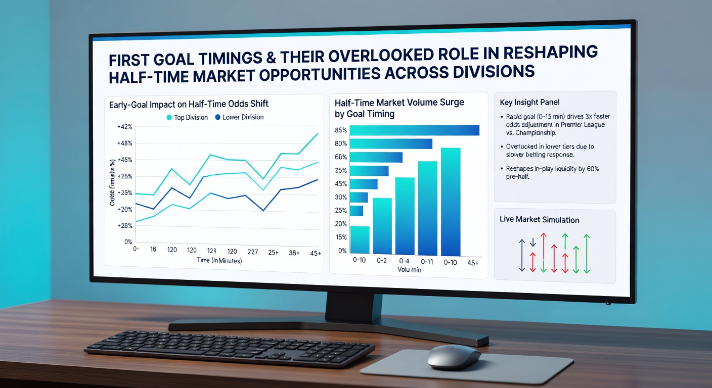 Analyst reviewing half-time statistics on screen with focus on goal timing data for multiple football divisions
