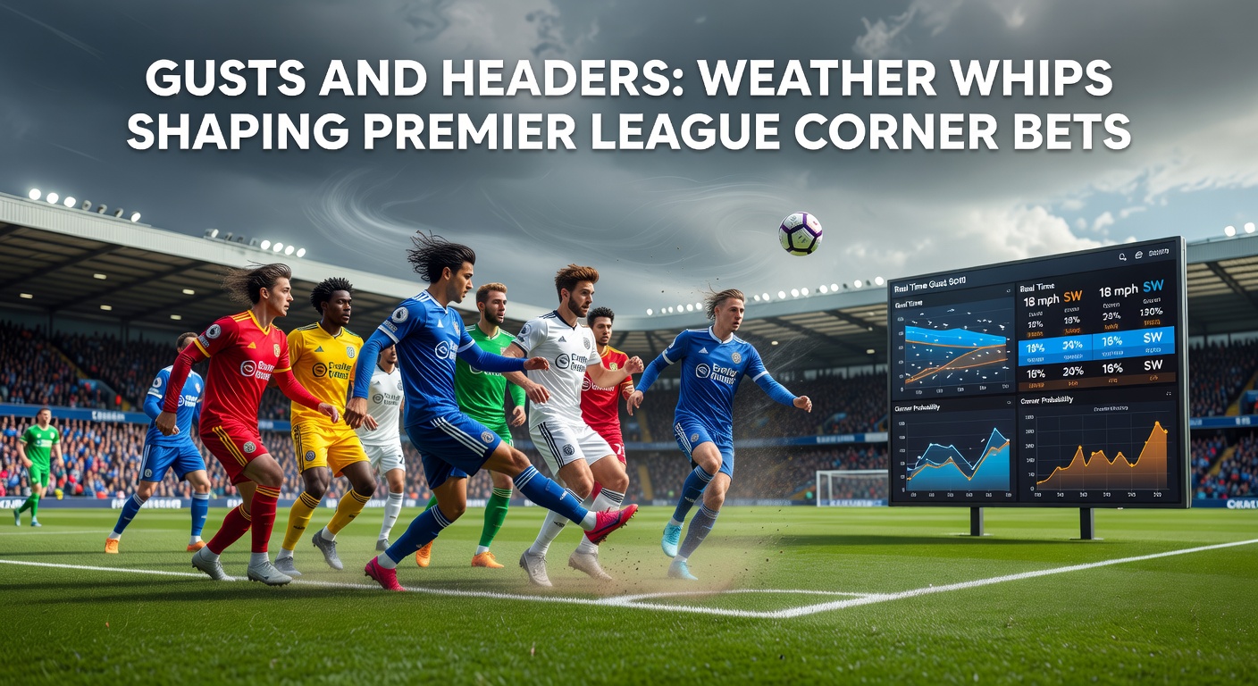 Dramatic header clash during a Premier League corner under strong wind conditions, ball swirling mid-air