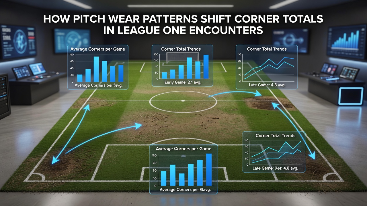 Close-up view of a League One pitch with worn grass and visible divots affecting ball movement