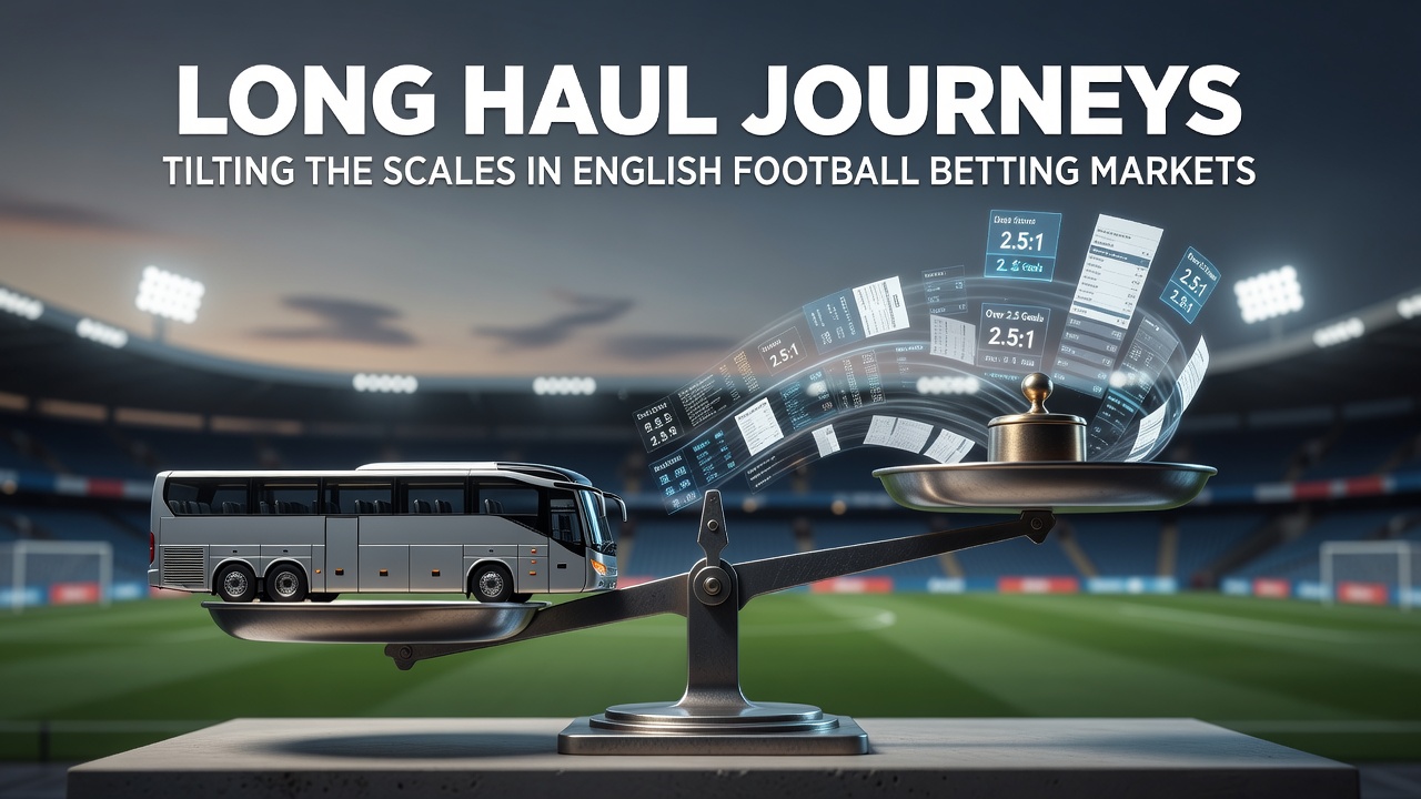 Football players boarding a team bus after a long flight with betting odds display in the foreground