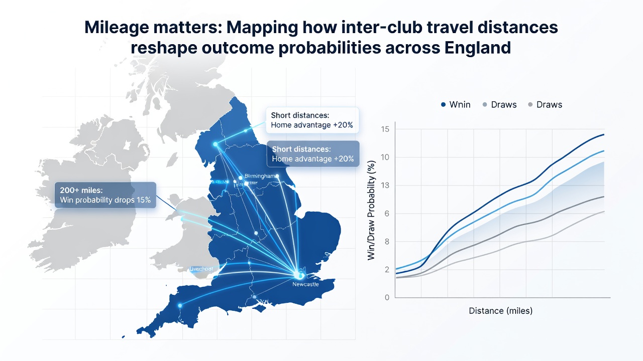Graph illustrating outcome probability shifts linked to travel distances in English football tiers