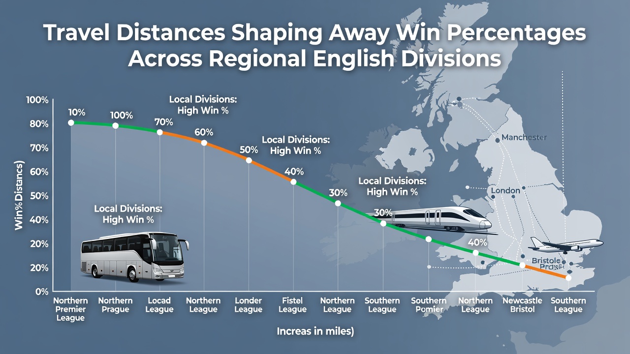 Coach traveling on motorway with English football club logos and distance statistics overlay